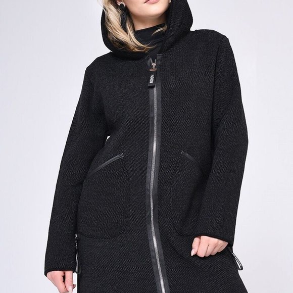 KNITTED BLACK COAT with a Hood, Zipped Up Long Hoodie, Knitted Cardigan, Long Kn - Picture 1 of 4